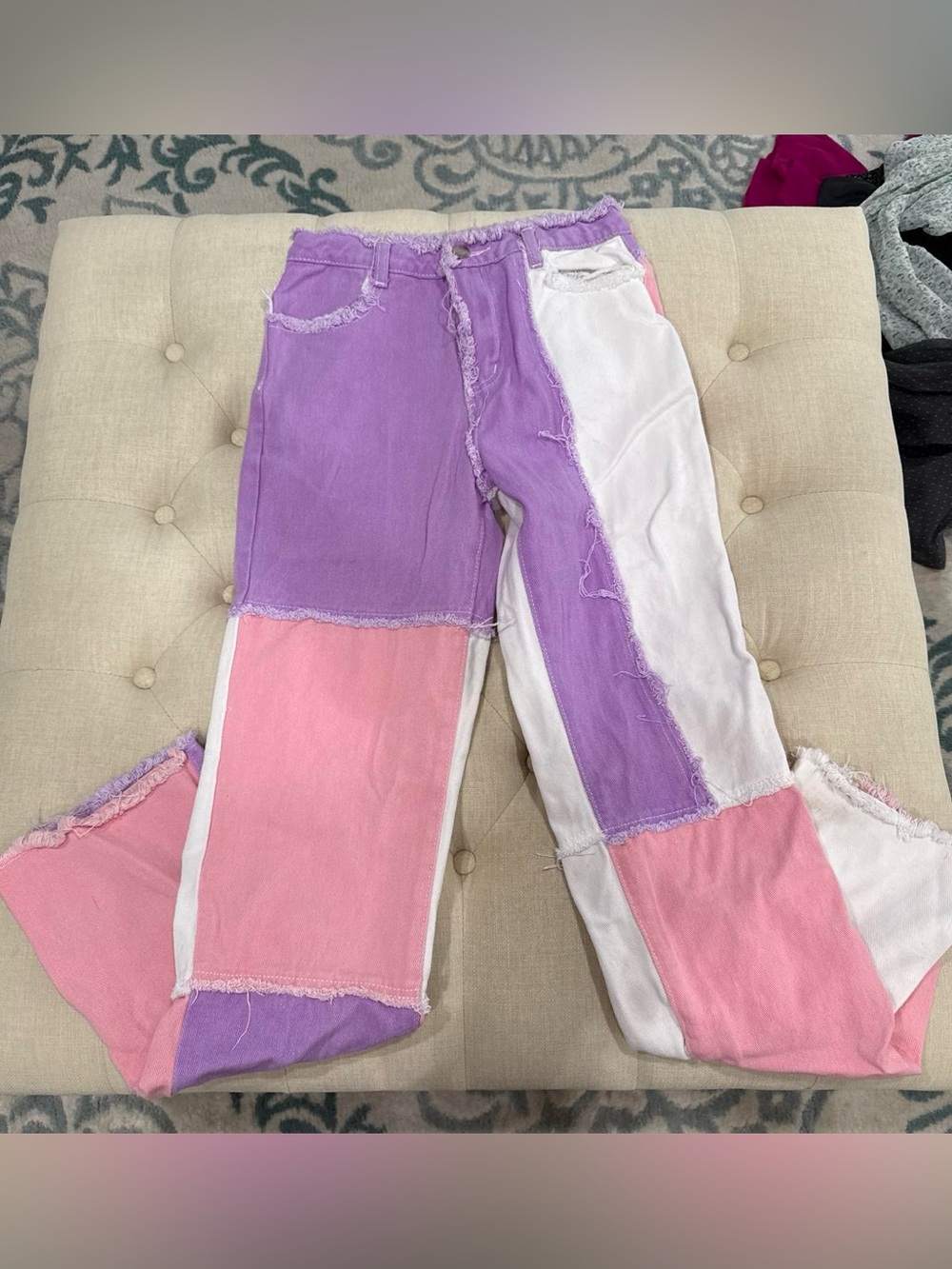SHEIN Purple Pink White Colorblock Straight-Leg Jeans